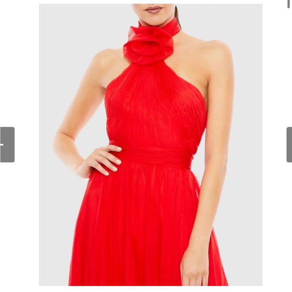 Mac Duggal Asymmetrical Halter Neck Gown in Red Chiffon - Picture 3 of 10